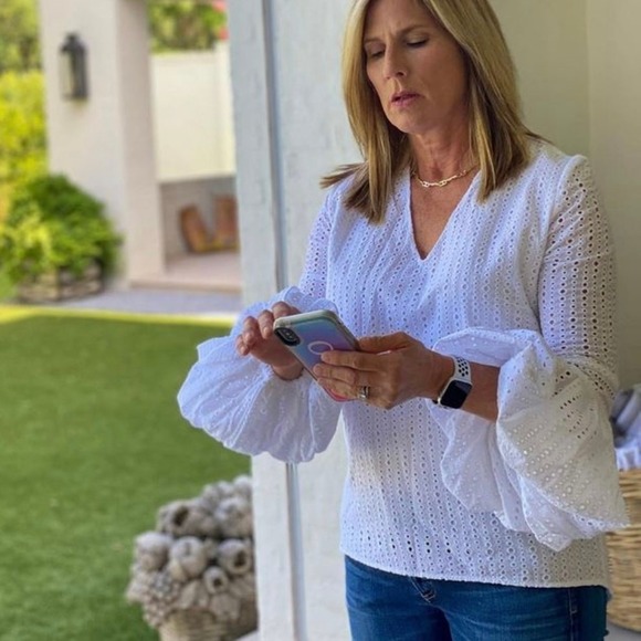 Noble 31 Tops - Noble 31 White Eyelet Bishop Sleeve Blouse V-Neck Cotton Size S